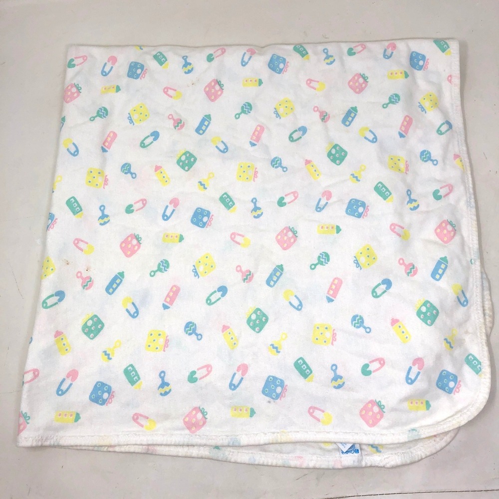 Vintage Carters Cotton Receiving Blanket White Pastel Baby Print Bottle Rattle